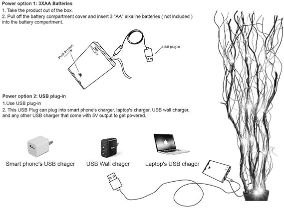 Lighted Natural Willow Twig Branch for Home Decoration, USB Plug-in and Battery Powered