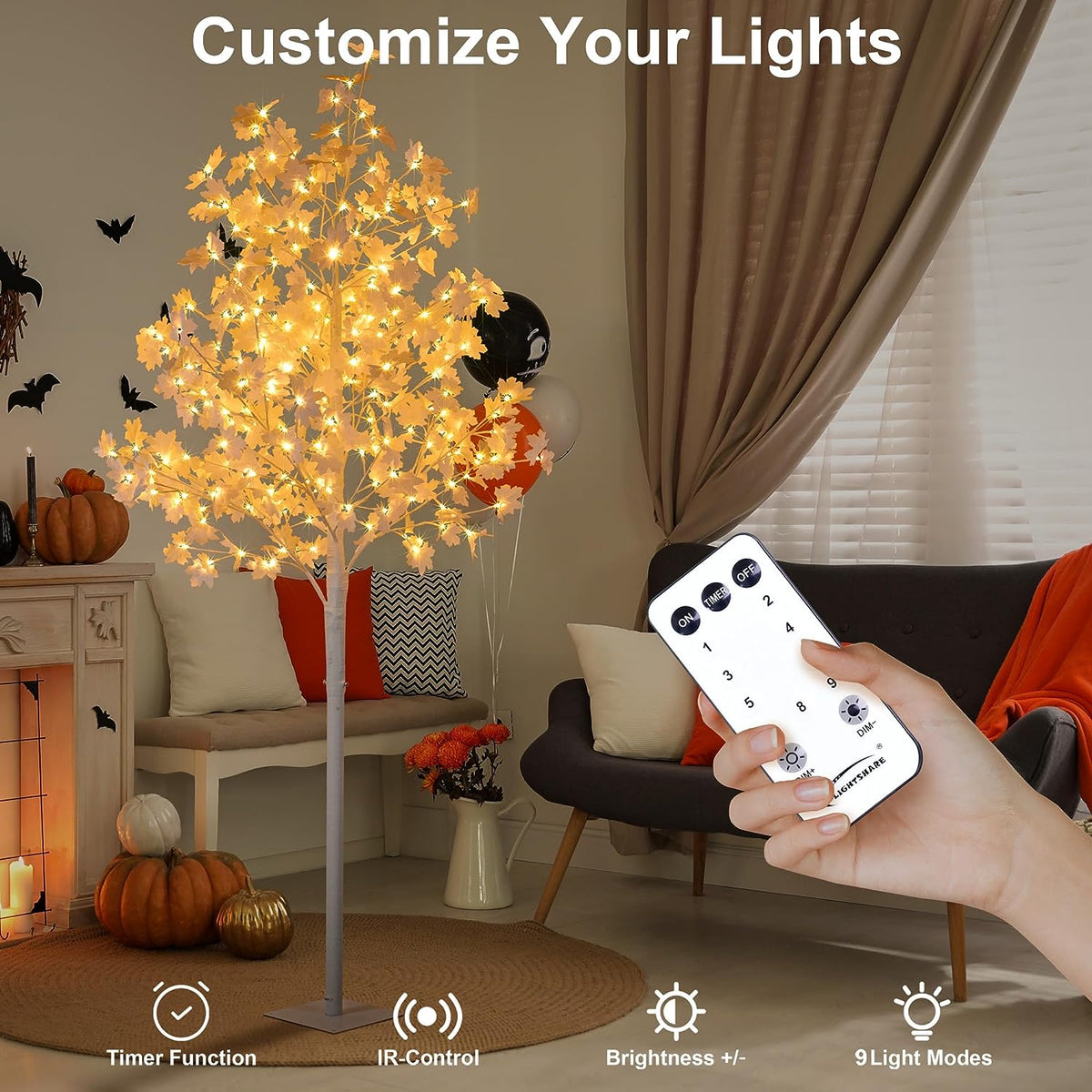 Maple Tree Harvest Décor, White Leaves, Warm White and Cold White Lights