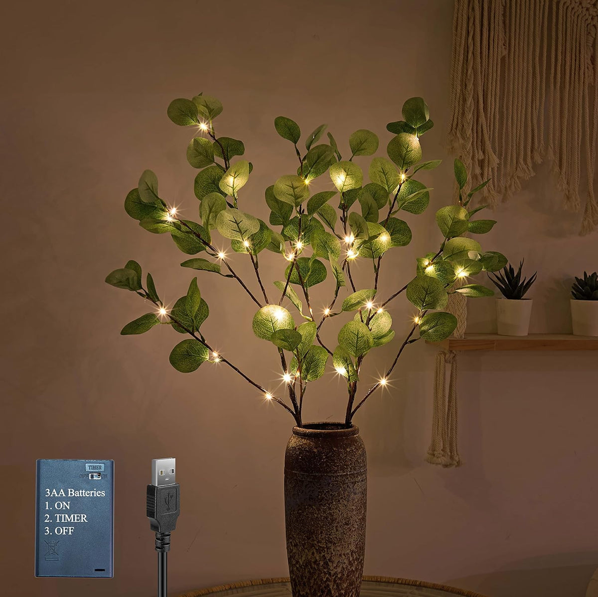 30IN Lighted Eucalyptus Twigs, Light Green