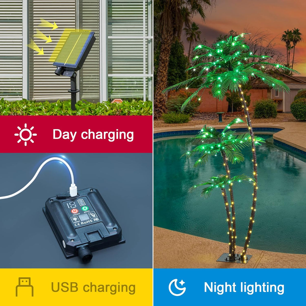 Lighted 6FT Gorgeous Palm Tree 3-Trunk Artificial Palm Tree 203LED Lights for Decoration Outdoor and Indoors Tiki Bar Christmas Patio Pool