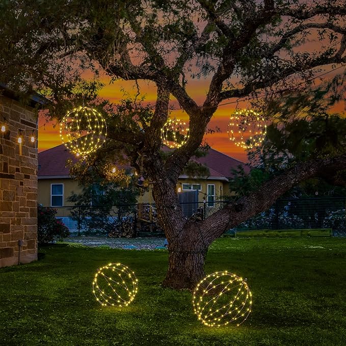 Light Ball Yard Decoration Pathway Lights Sphere Light, Pack of 3 (12'' 16'' 20''), Fold Flat Metal Frame Indoor Outdoor Waterproof Garden Lights, Plug in(Set of 3)