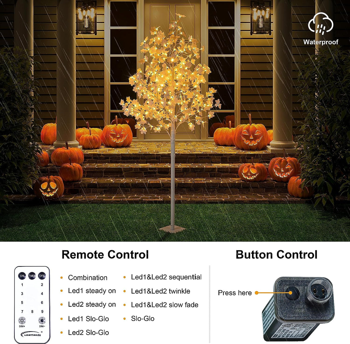 Maple Tree Harvest Décor, White Leaves, Warm White and Cold White Lights