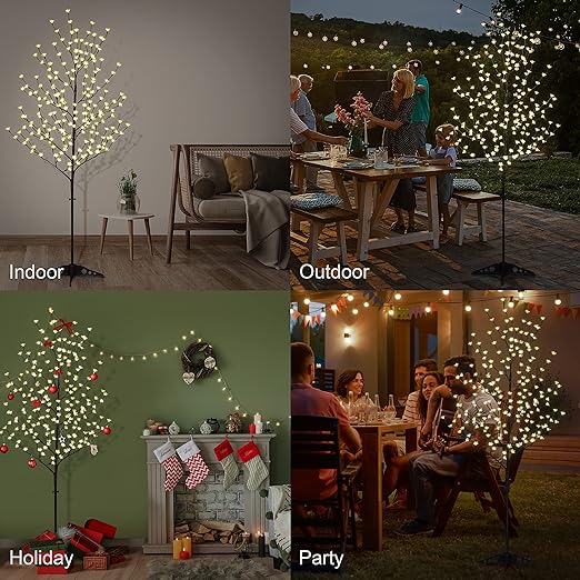 Set of 3 Lighted Cherry Blossom Trees, Multicolor and Warm White Options