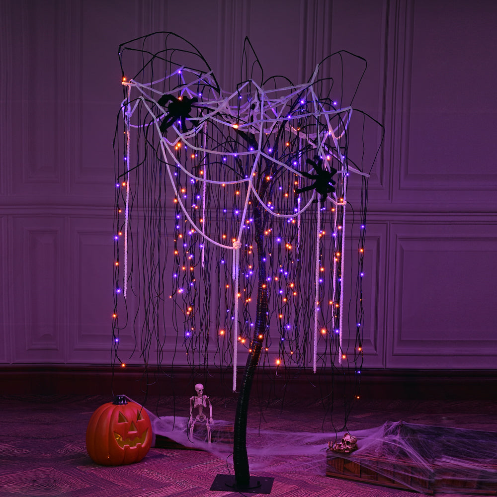 Spooky Halloween Willow Tree with Spiders: 7 Feet for Halloween-Themed Home Decor, Parties, and Weddings - Indoor and Outdoor Delights, Orange & Purple