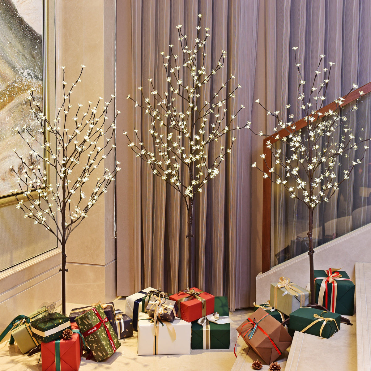 Set of 3 Lighted Cherry Blossom Trees, Multicolor and Warm White Options