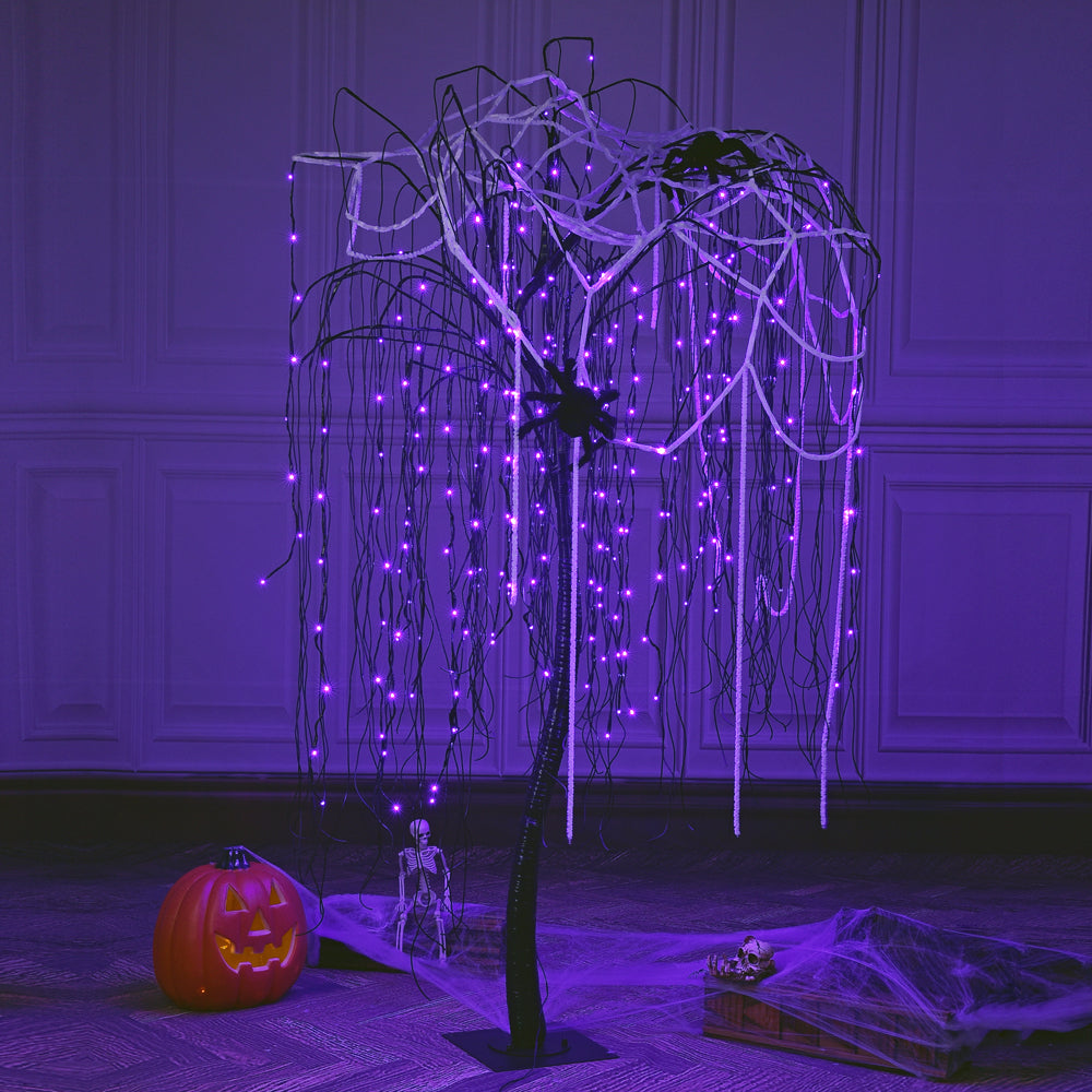 Spooky Halloween Willow Tree with Spiders: 7 Feet for Halloween-Themed Home Decor, Parties, and Weddings - Indoor and Outdoor Delights, Purple