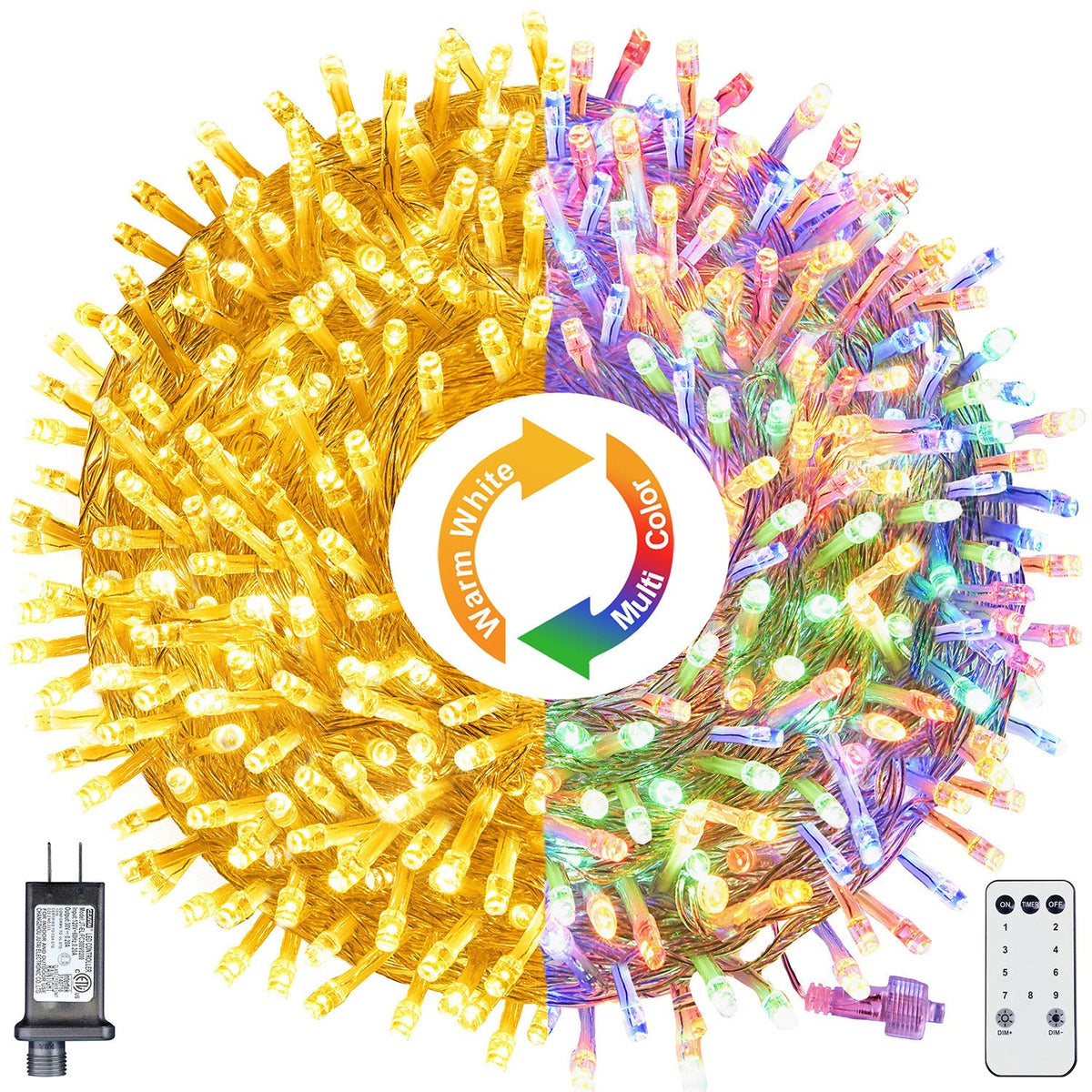 300-LED Christmas String Lights, Transparent Cord, Multi-color + Warm White, 9 Modes with Timer Remote, Indoor/Outdoor image 1