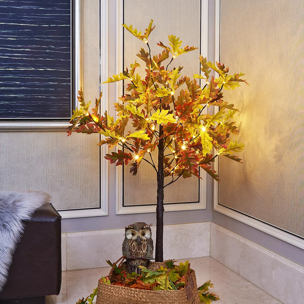4FT Lighted Oak Tree, Warm White LEDs with Green & Yellow Leaves, Indoor/Outdoor Decoration
