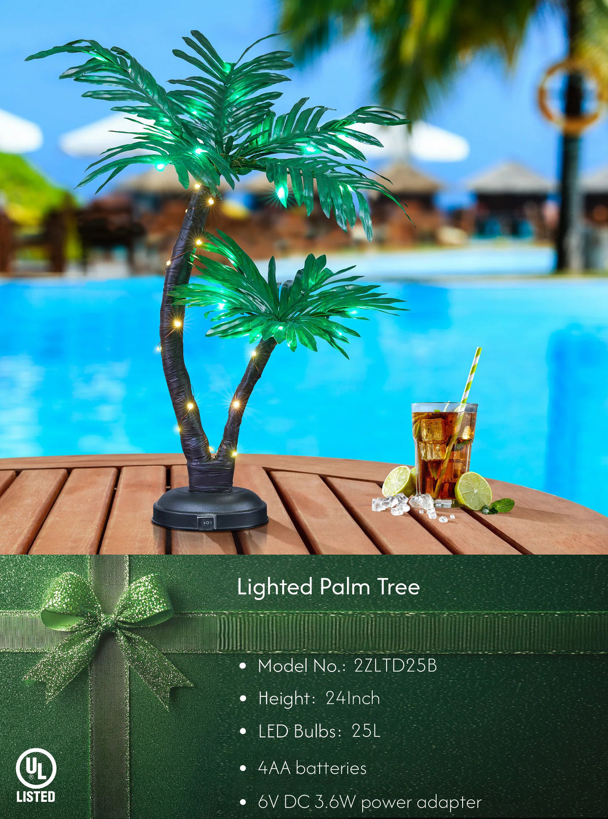 24-Inch Twins Palm Tree Bonsai with Lights