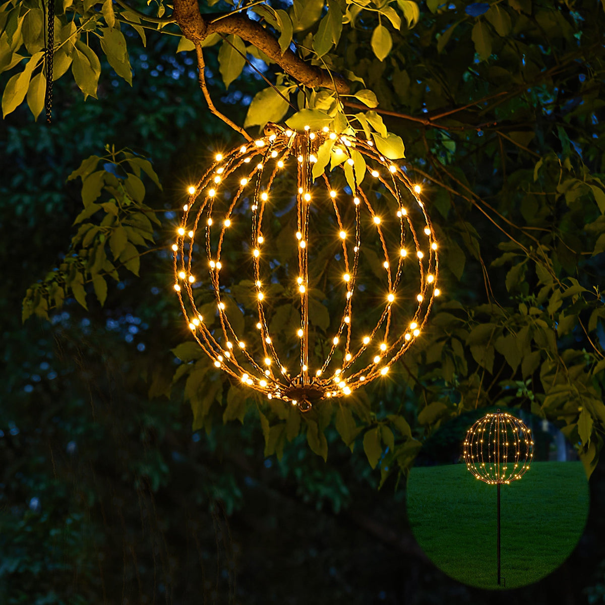 12IN Brown Frame Light Ball, 96 Warm White LEDs, Foldable Metal Frame, Indoor/Outdoor Garden Decoration image 1