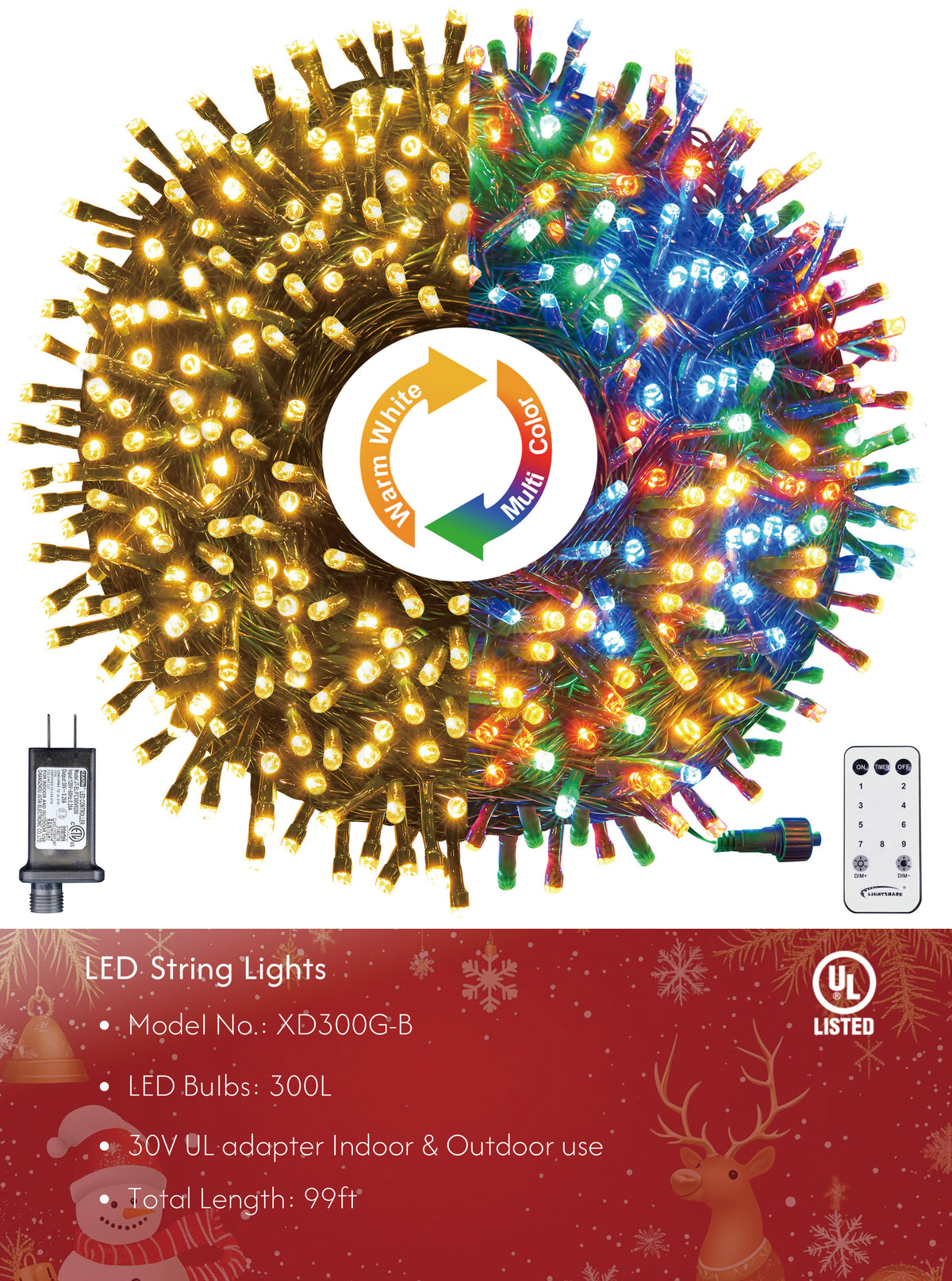 LED Christmas String Lights with Timer Remote & Modes