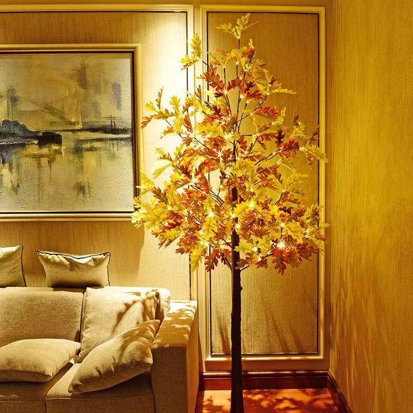 7FT Lighted Oak Tree, Warm White LEDs with Green & Yellow Leaves, Indoor/Outdoor Decoration