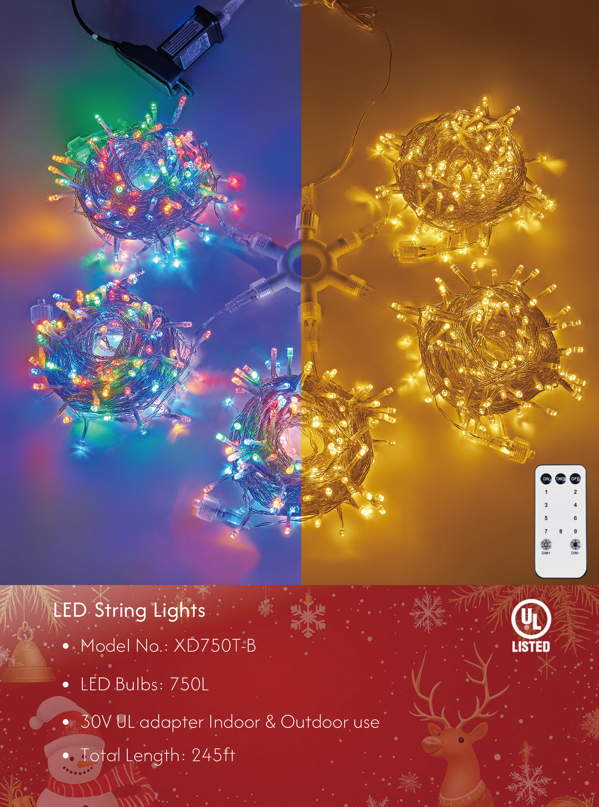 LED Christmas String Lights with Timer Remote & Modes