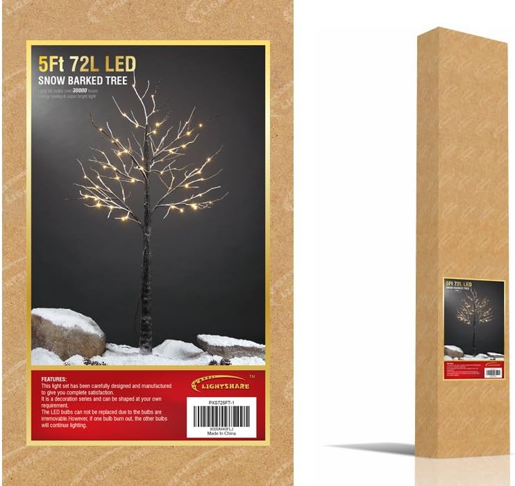 LIGHTSHARE Snow Dusted Tree with Warm White LED Lights, Brown, for Indoor and Outdoor, Christmas Decoration Idea