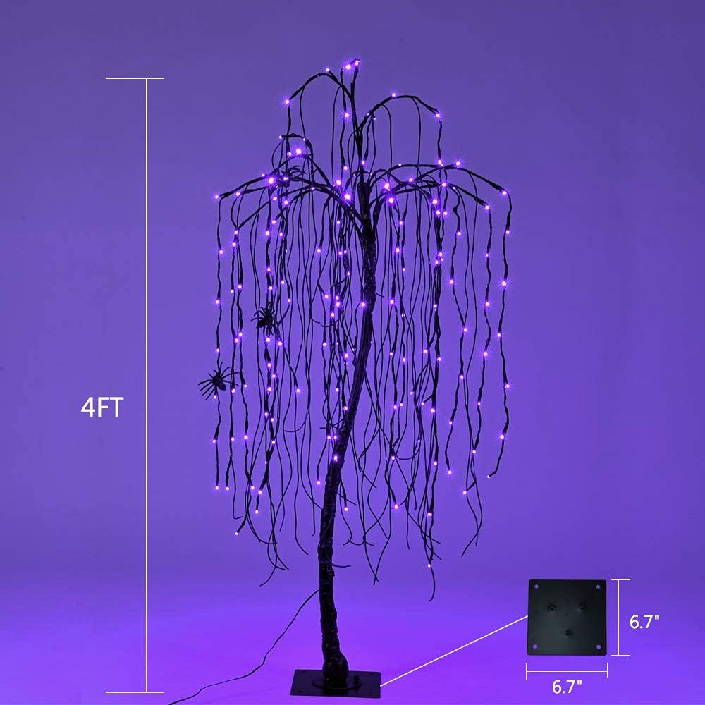 4FT Spooky Halloween Willow Tree 2-Pack with 160 Purple LEDs Each & Black Spiders, Indoor/Outdoor Decoration image 4