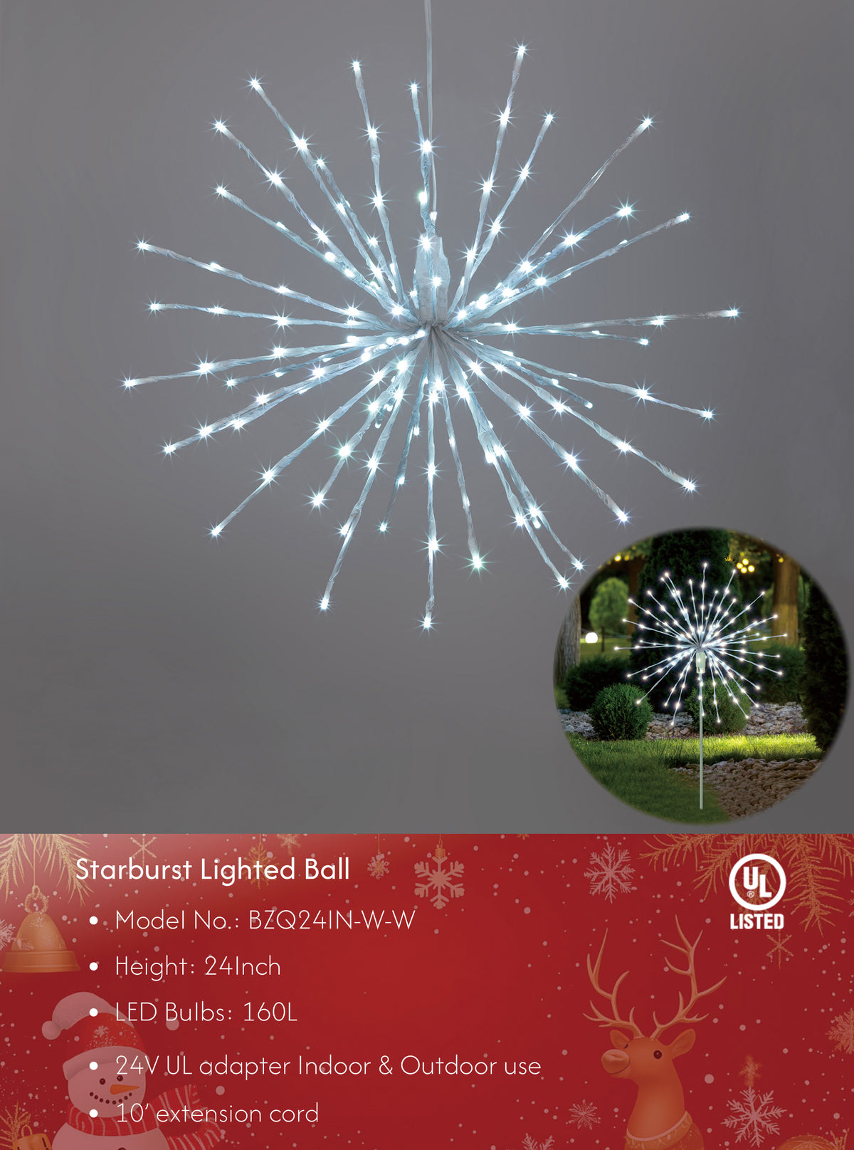 Starburst Light Lighted Ball LED Firework Lights White Twinkle Hanging Ball Dual-use for Patio Walkway Pathway Decoration Indoor/Outdoor