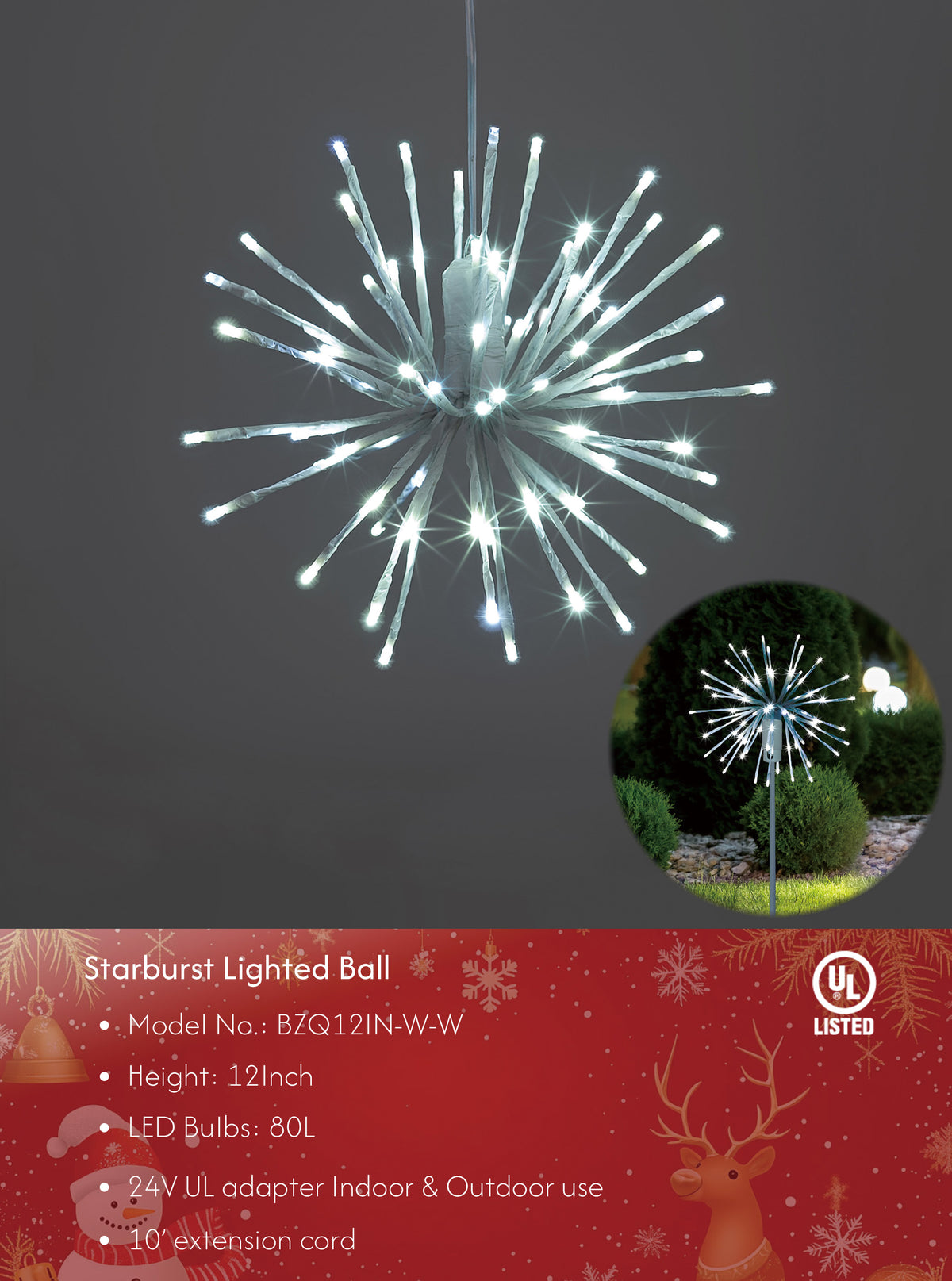 Starburst Light Lighted Ball LED Firework Lights White Twinkle Hanging Ball Dual-use for Patio Walkway Pathway Decoration Indoor/Outdoor