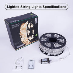 1000-LED Christmas String Lights, Transparent Cord, Warm White, 8 Modes with Timer Remote, Indoor/Outdoor image 3