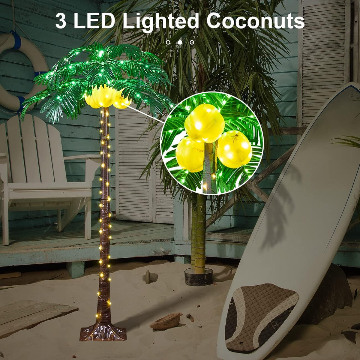 5FT Lighted Palm Tree with 208 Warm White LEDs & 3 LED Coconuts, Indoor/Outdoor Tropical Decoration image 2