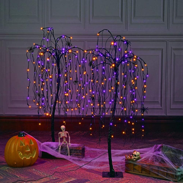 4FT Spooky Halloween Willow Tree 2-Pack with 160 Orange & Purple Mixed LEDs Each & Black Spiders, Indoor/Outdoor Decoration