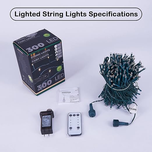 300-LED Christmas String Lights, Green Cord, Warm White, 8 Modes with Timer Remote, Indoor/Outdoor image 3