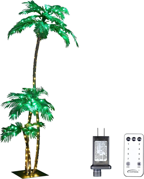 LIGHTSHARE Lighted 7FT Gorgeous Palm Tree 3Trunks Artificial Palm Tree 218LED Lights for Office Decoration Indoor Outdoor Tiki Bar Christmas Patio Pool- Electric