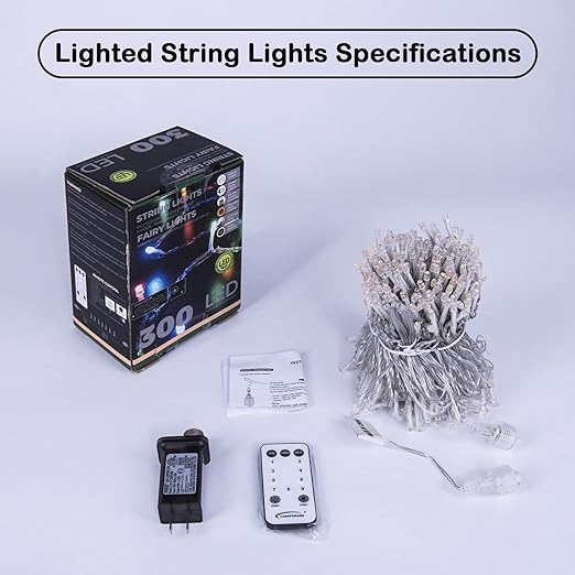 300-LED Christmas String Lights, Transparent Cord, Multi-color + Warm White, 9 Modes with Timer Remote, Indoor/Outdoor image 3