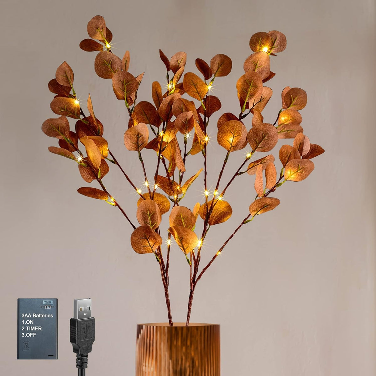 30IN Lighted Eucalyptus Twigs, Yellow Leaves with 38 Warm White LEDs, Elegant Home Decoration & Gift Idea image 3
