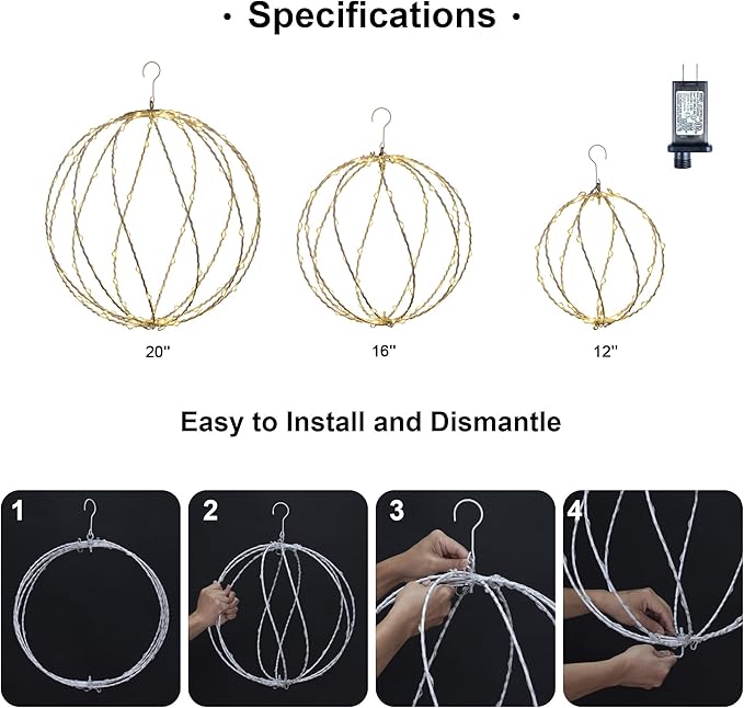 White Frame Light Ball 3-Pack (12IN, 16IN, 20IN), 248 Warm White LEDs, Indoor/Outdoor Garden Decoration image 5