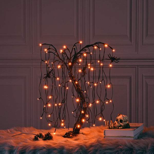 24IN Halloween Spooky Bonsai Tree with 80 Orange LEDs & Black Spiders, Indoor/Outdoor Decoration