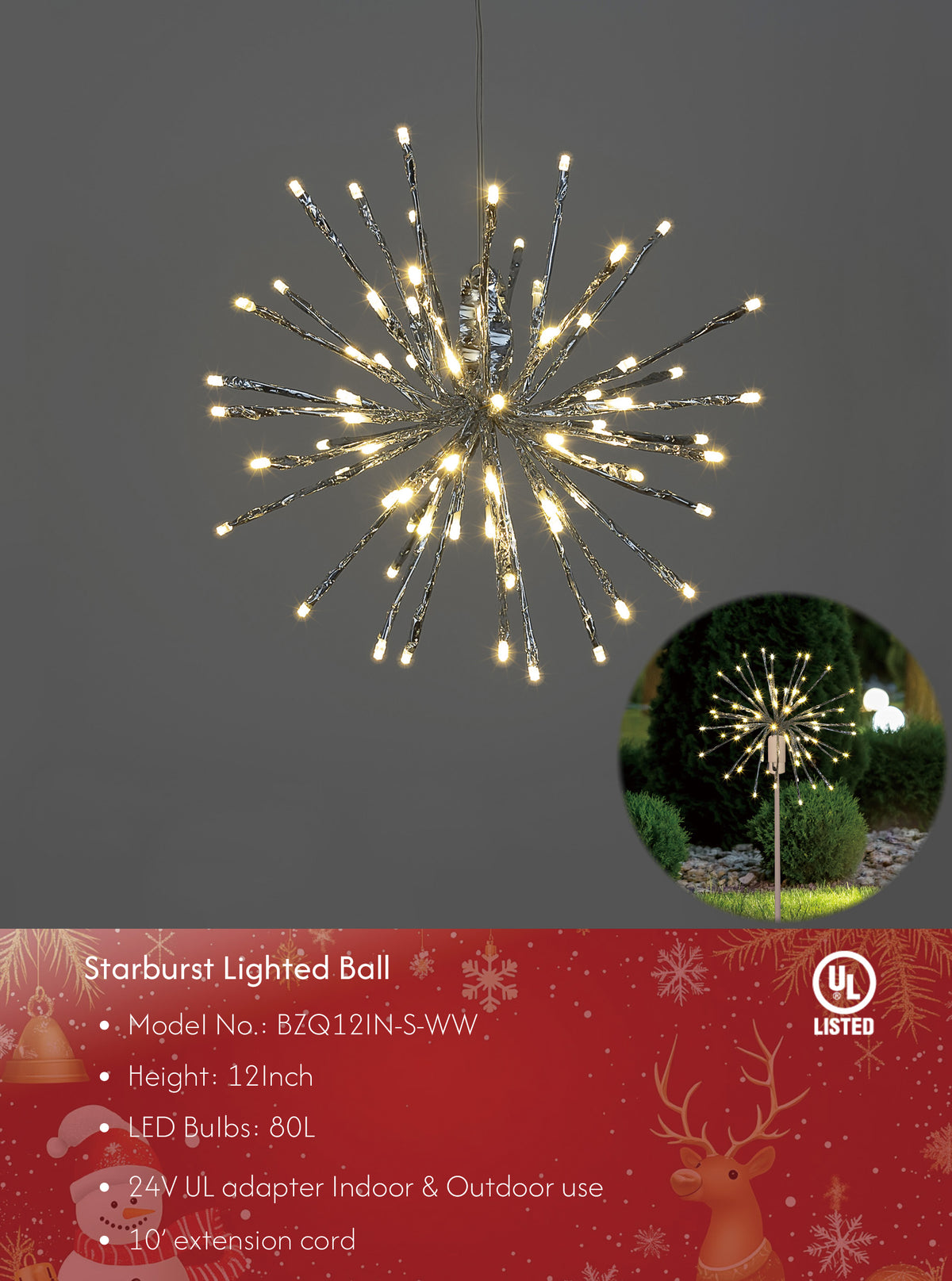 Starburst Light Lighted Ball LED Firework Lights White Twinkle Hanging Ball Dual-use for Patio Walkway Pathway Decoration Indoor/Outdoor