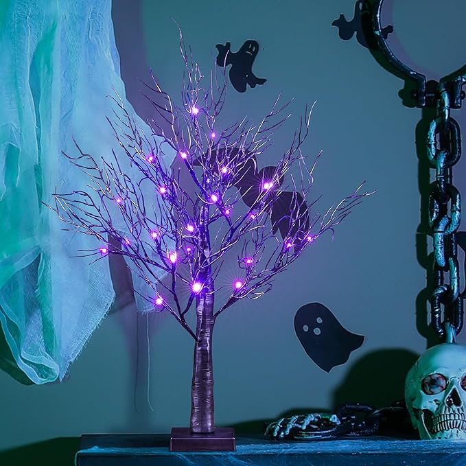 26IN Halloween Willow Bonsai 20LED Lights Artificial Spooky Tree for Home, Festival, Nativity, Party, and Christmas Decoration, Plug in or Battery