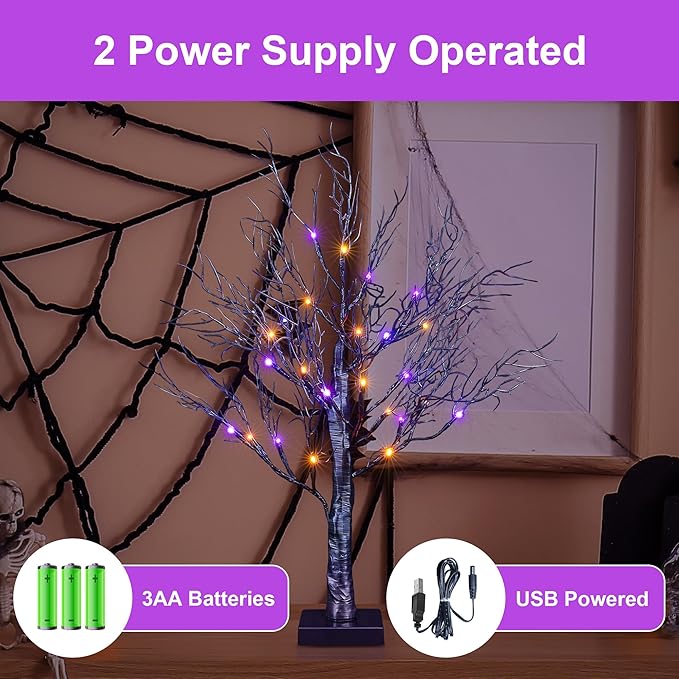 26IN Halloween Willow Bonsai 20LED Lights Artificial Spooky Tree for Home, Festival, Nativity, Party, and Christmas Decoration, Plug in or Battery