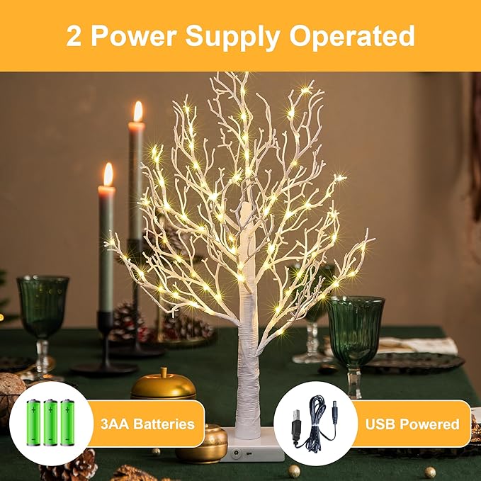 24IN Lighted Willow Tree Bonsai 70 Mini LED Lights Artificial Birch Tree for Home, Festival, Nativity, Party, and Christmas Decoration, Plug in or Battery (Black/White)