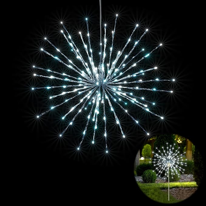 Starburst Light Lighted Ball LED Firework Lights White Twinkle Hanging Ball Dual-use for Patio Walkway Pathway Decoration Indoor/Outdoor