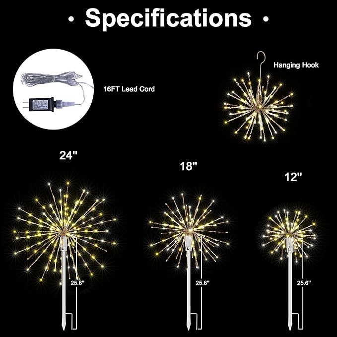 24IN Silver Frame Starburst Firework Light with 160 Warm White LEDs, Indoor/Outdoor Decoration image 4