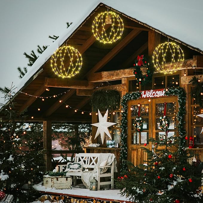 Light Ball Yard Decoration Pathway Lights Sphere Light, Pack of 3 (12'' 16'' 20''), Fold Flat Metal Frame Indoor Outdoor Waterproof Garden Lights, Plug in(Set of 3) image 7