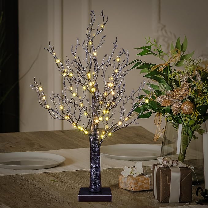 24IN Lighted Willow Tree Bonsai 70 Mini LED Lights Artificial Birch Tree for Home, Festival, Nativity, Party, and Christmas Decoration, Plug in or Battery (Black/White) image 7