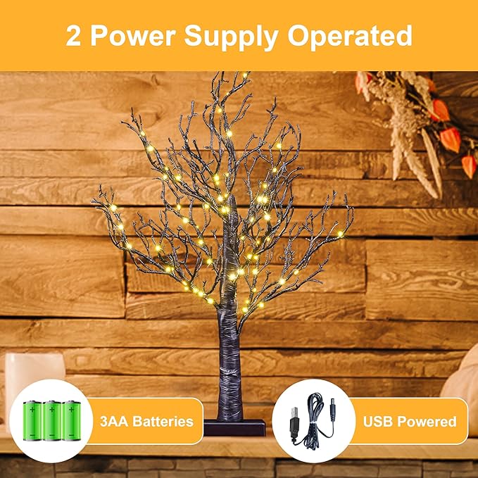 24IN Lighted Willow Tree Bonsai 70 Mini LED Lights Artificial Birch Tree for Home, Festival, Nativity, Party, and Christmas Decoration, Plug in or Battery (Black/White)