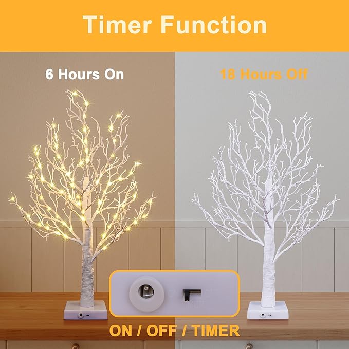 24IN Lighted Willow Tree Bonsai 70 Mini LED Lights Artificial Birch Tree for Home, Festival, Nativity, Party, and Christmas Decoration, Plug in or Battery (Black/White)