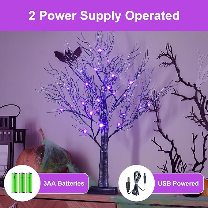 26IN Halloween Willow Bonsai 20LED Lights Artificial Spooky Tree for Home, Festival, Nativity, Party, and Christmas Decoration, Plug in or Battery