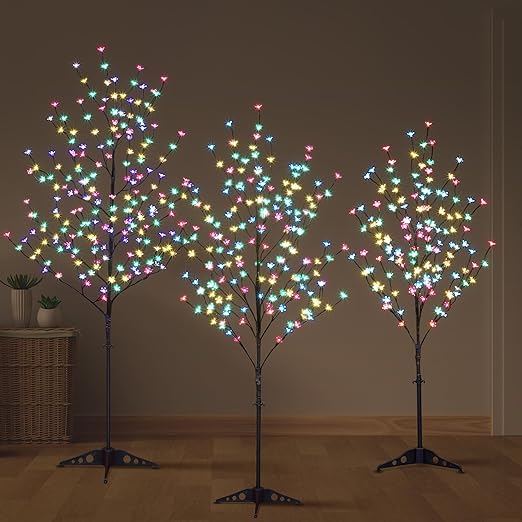 Set of 3 Lighted Cherry Blossom Tree, 4ft, 5ft and 6ft, Multicolor