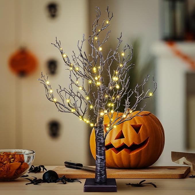 24IN Lighted Willow Tree Bonsai 70 Mini LED Lights Artificial Birch Tree for Home, Festival, Nativity, Party, and Christmas Decoration, Plug in or Battery (Black/White) image 3