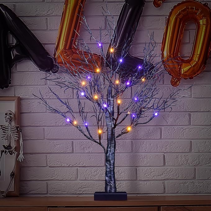 26IN Halloween Willow Bonsai 20LED Lights Artificial Spooky Tree for Home, Festival, Nativity, Party, and Christmas Decoration, Plug in or Battery