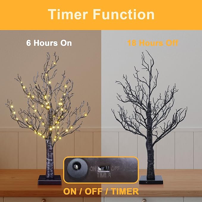 24IN Lighted Willow Tree Bonsai 70 Mini LED Lights Artificial Birch Tree for Home, Festival, Nativity, Party, and Christmas Decoration, Plug in or Battery (Black/White)