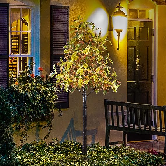 7FT Lighted Oak Tree, Warm White LEDs with Green & Yellow Leaves, Indoor/Outdoor Decoration image 7