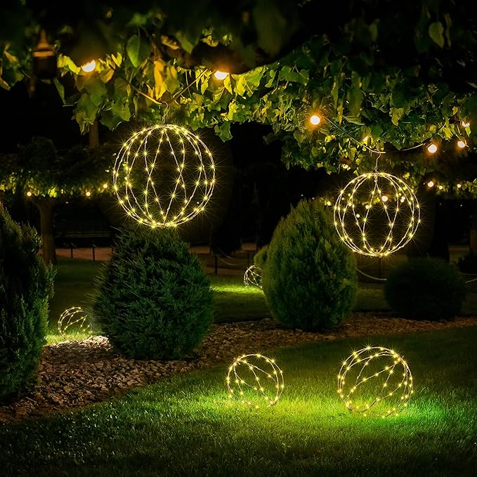 Light Ball Yard Decoration Pathway Lights Sphere Light, Pack of 3 (12'' 16'' 20''), Fold Flat Metal Frame Indoor Outdoor Waterproof Garden Lights, Plug in(Set of 3) image 2