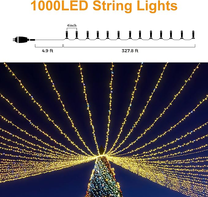 330ft 1000LED Christmas Lights with Reel, 8 Modes & Timer Remote, Clear Wire