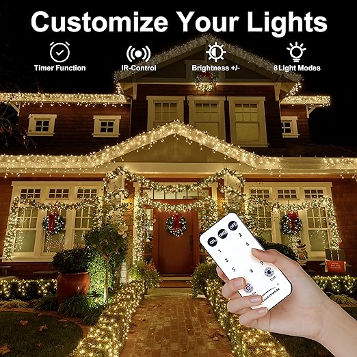 250ft 750LED Christmas Lights with Ring Connector, 8 Modes&Timer Remote, Green Wire, Warm White
