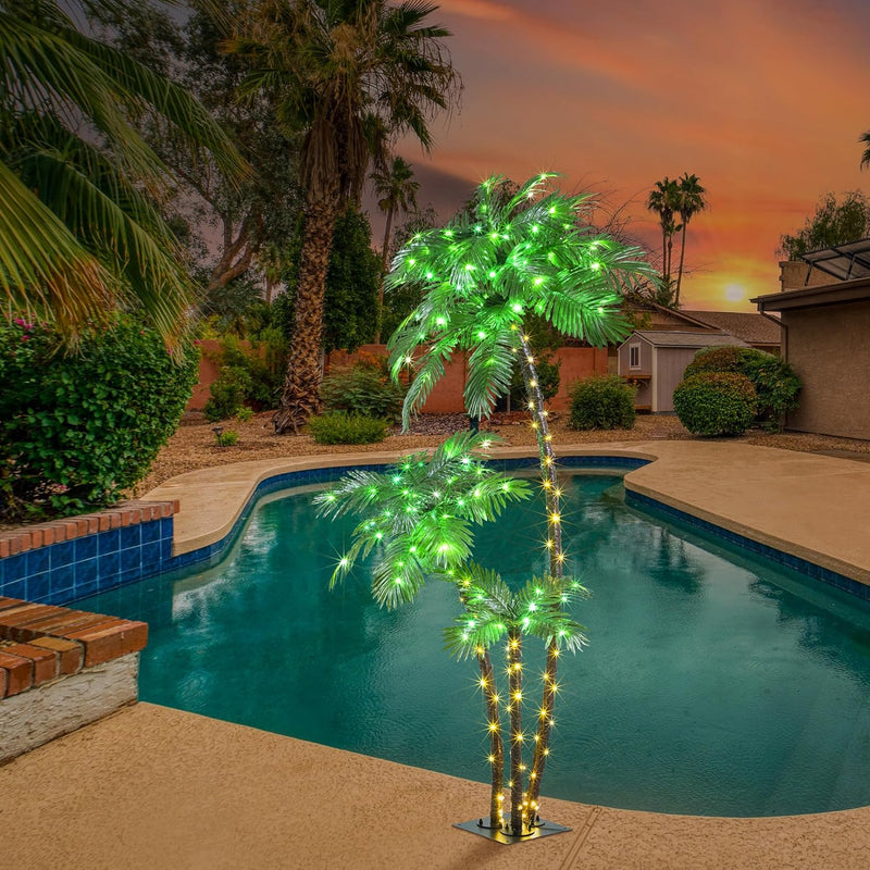 Lighted 6FT Gorgeous Palm Tree 3-Trunk Artificial Palm Tree 203LED Lights for Decoration Outdoor and Indoors Tiki Bar Christmas Patio Pool